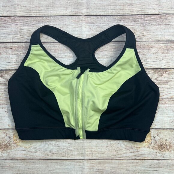 Livi Active Sports Bra 44DDD Black Neon Yellow Front Zip High Impact Plus Size - Picture 1 of 8
